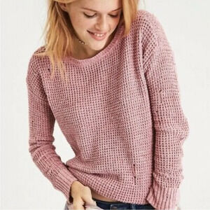 American Eagle Pink Chenille Knit Distressed Pullover Sweater Small Women’s